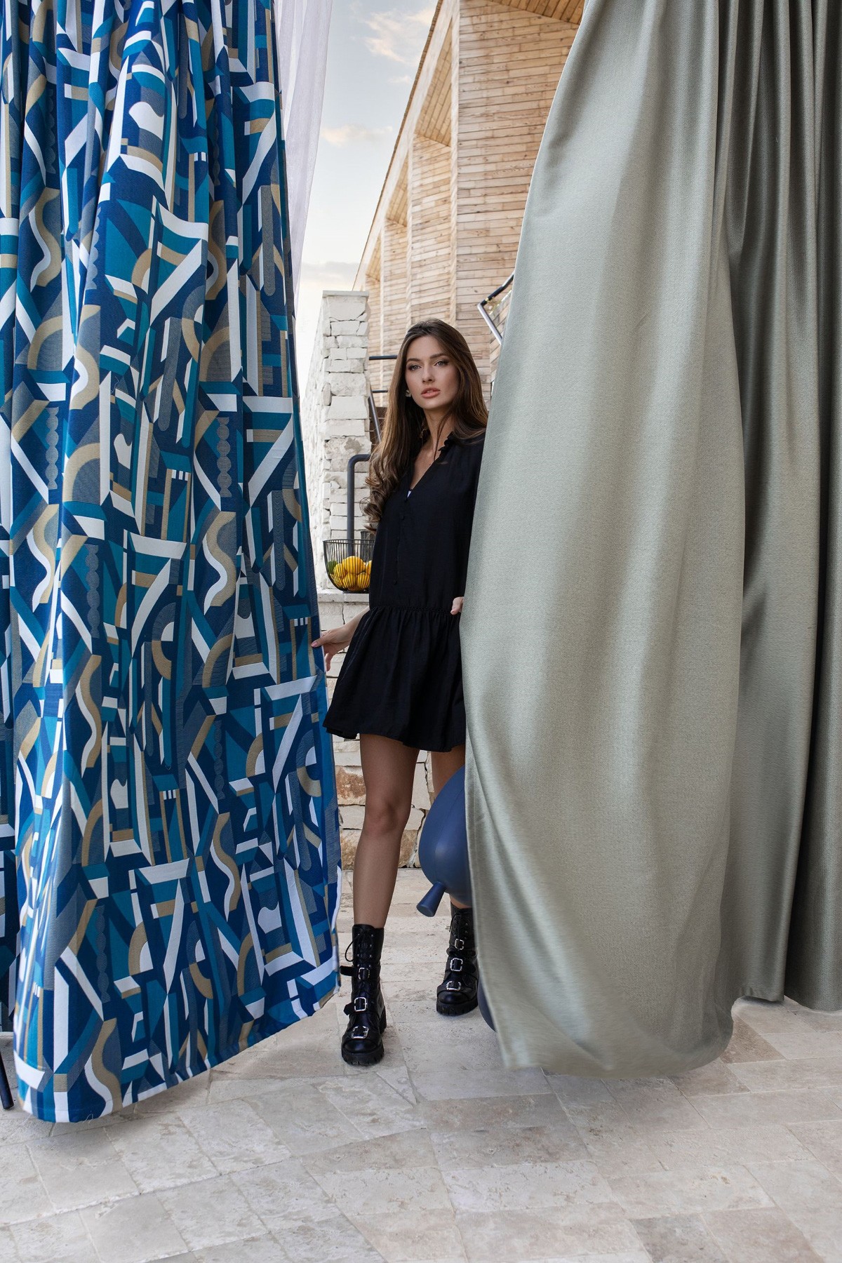 Salto Curtain blue geometrical pattern