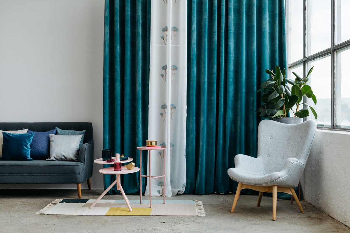 Castellano blue colored fabric curtain