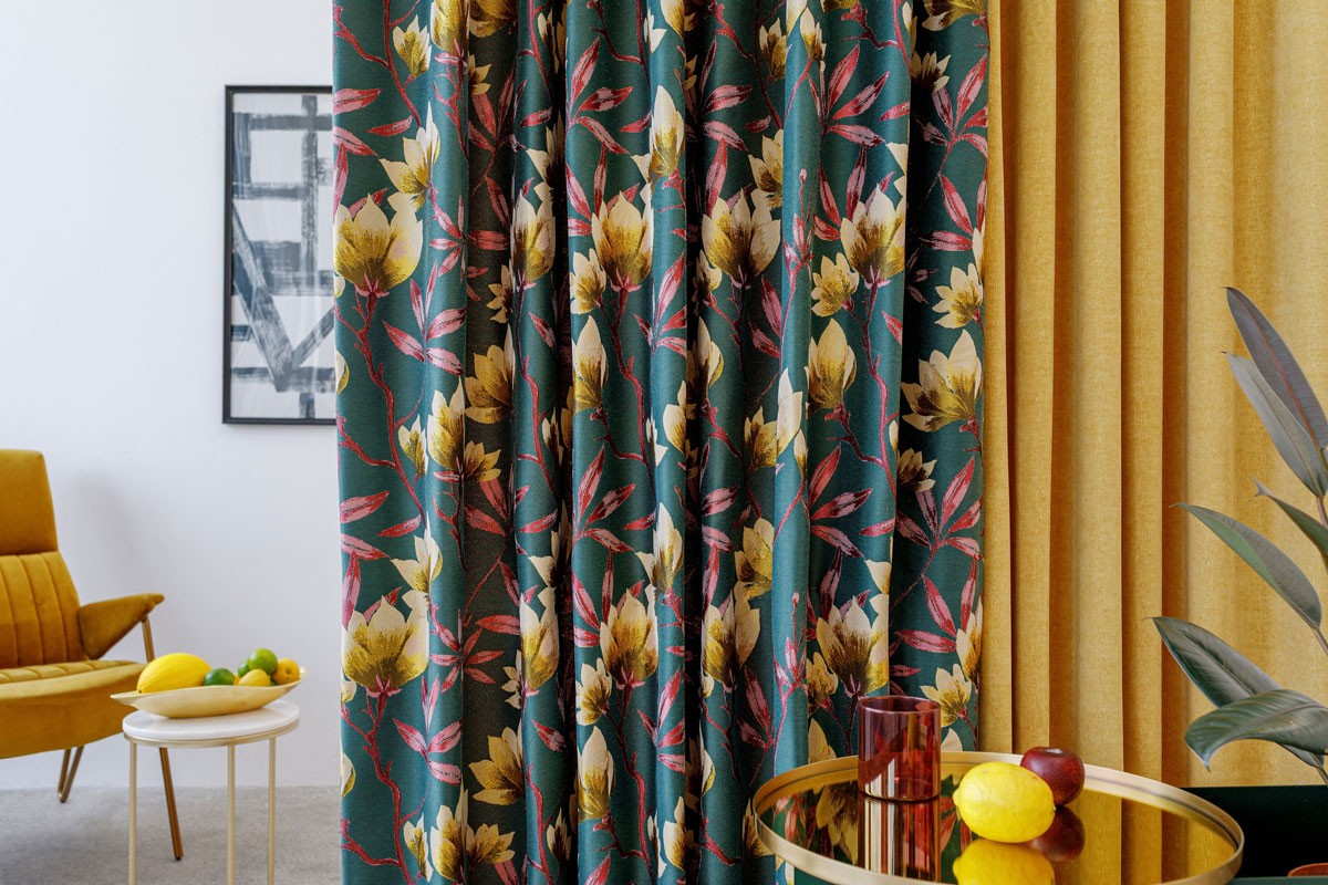 Cubano Green colored fabric with flower pattern curtain