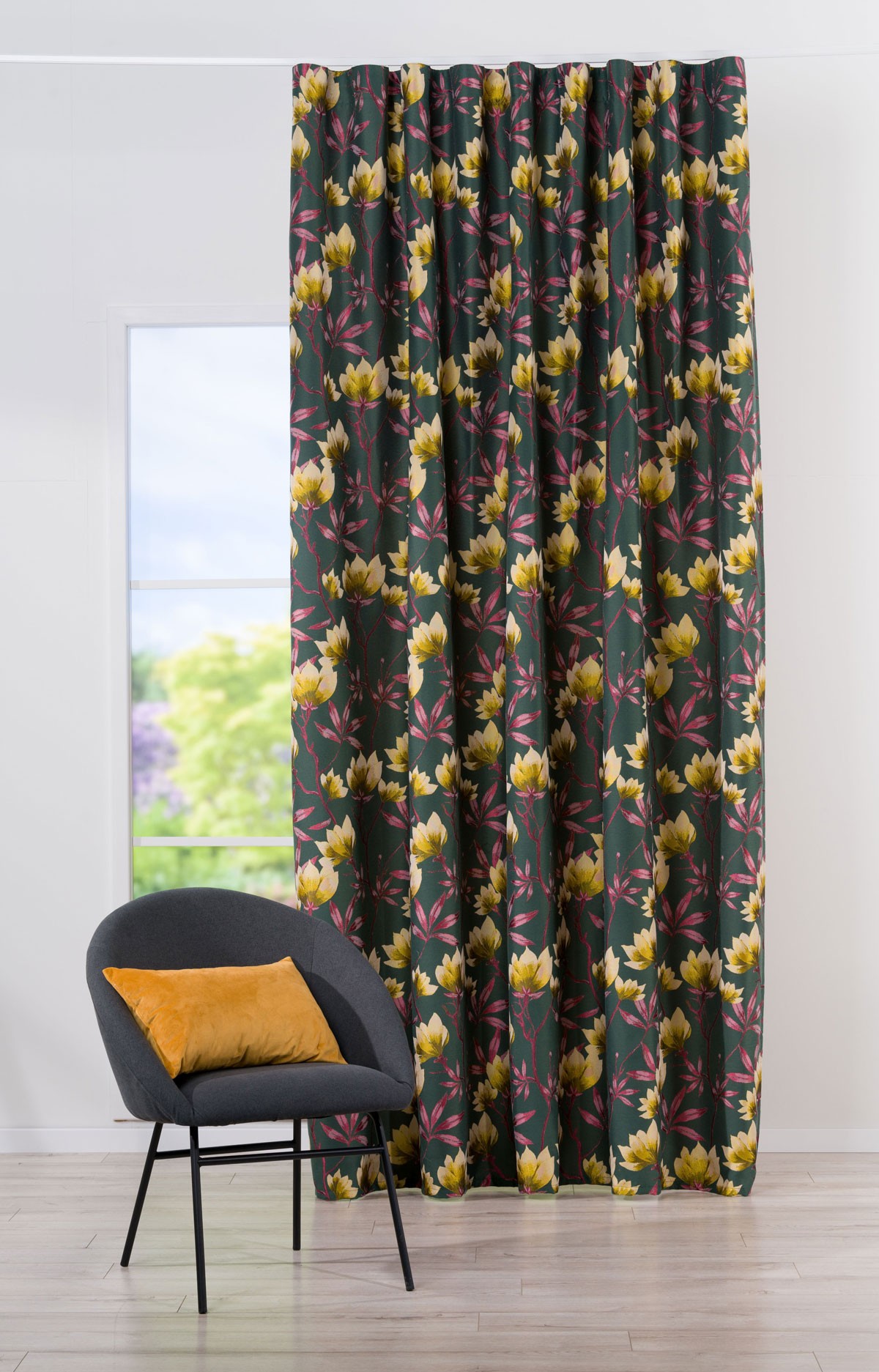 Cubano Green colored fabric with flower pattern curtain