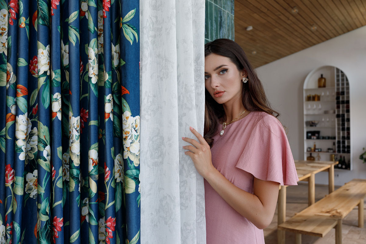 Kerida Curtain flower pattern blue colored fabric