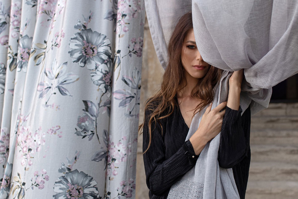 Samba pink and grey colored fabric curtain with flower pattern