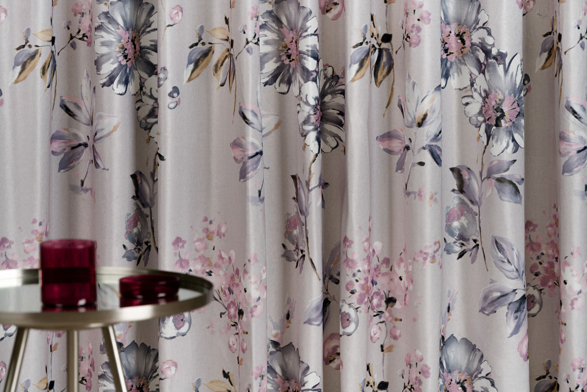 Samba pink and grey colored fabric curtain with flower pattern