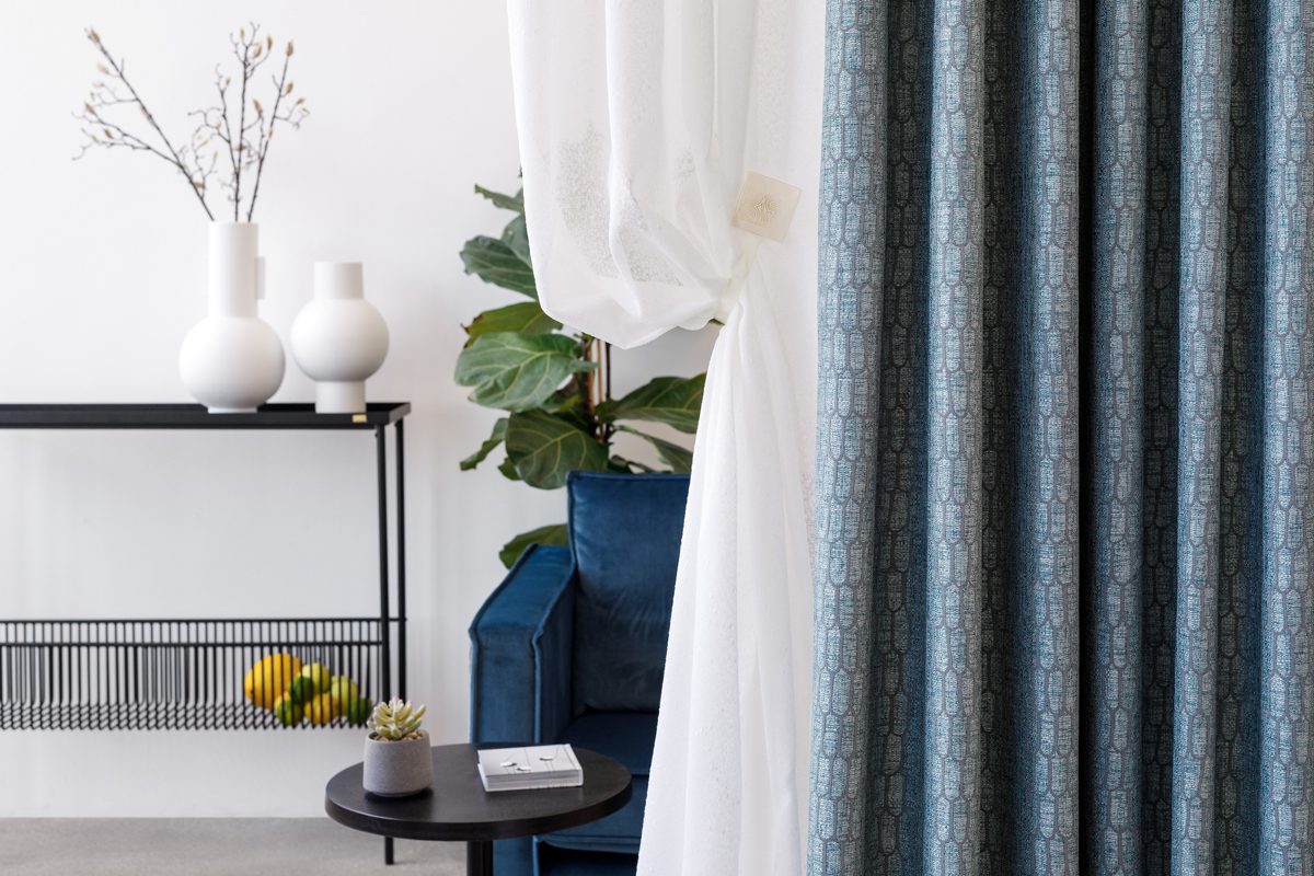 ruben blue colored material curtain