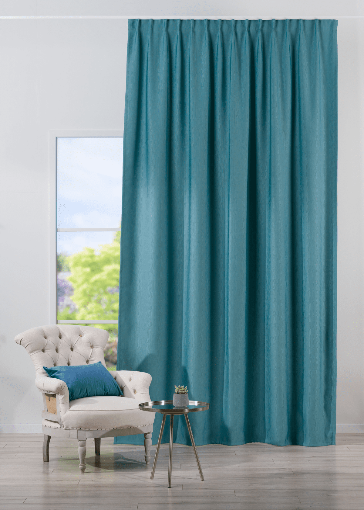 bellagio blue colored material curtain