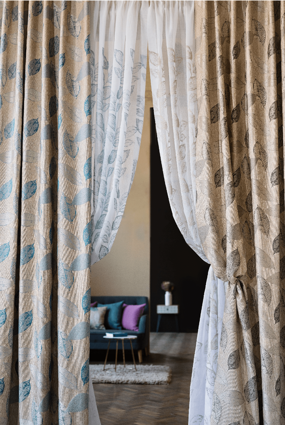delancy blue colored material curtain