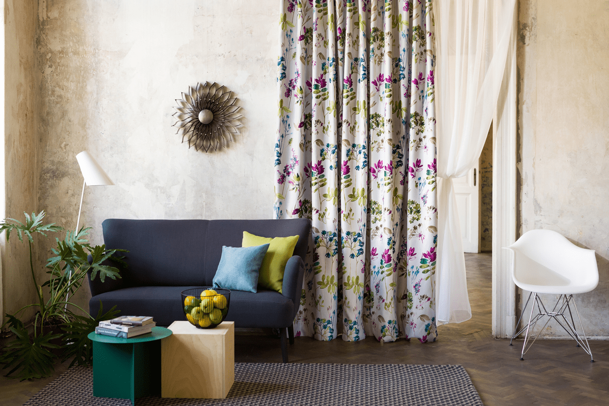 trellise purple colored material curtain