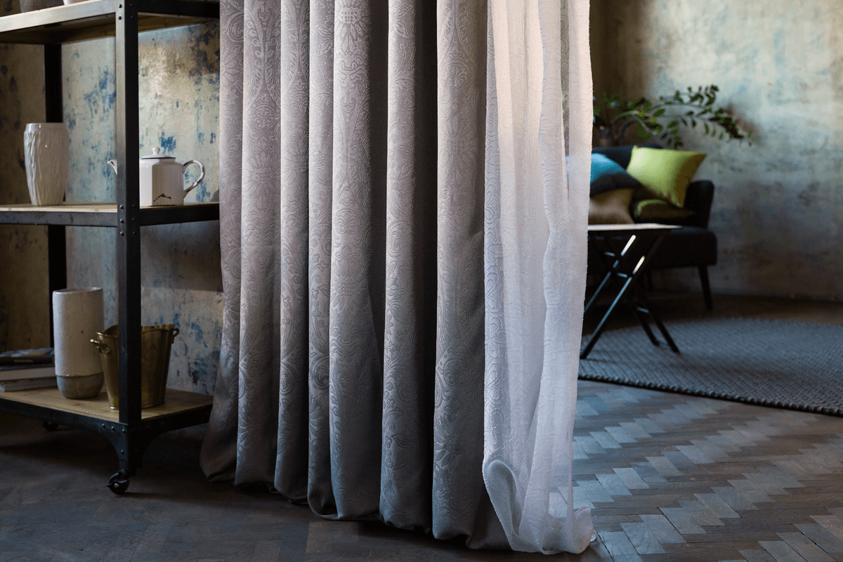 cora grey colored material curtain