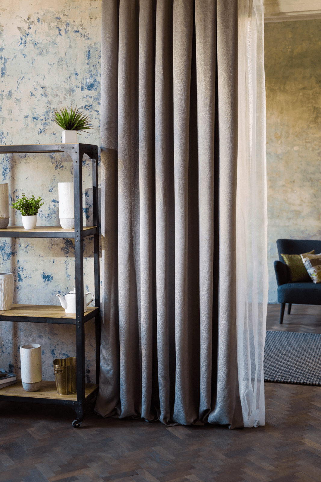 cora grey colored material curtain