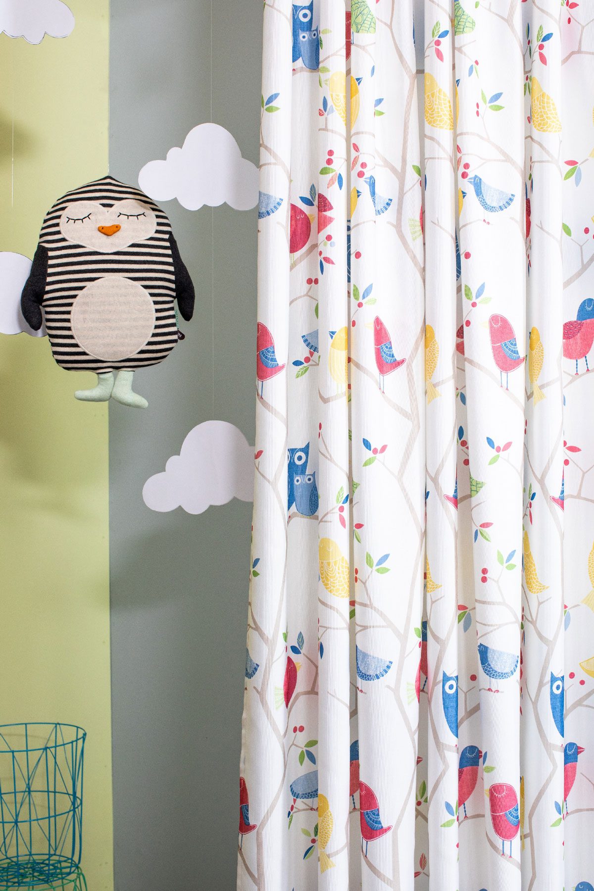 owl blue colored material curtain